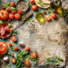 Tomatoes with basil, salami and olive oil on rustic kitchen table with knife and seasoning, top view. Italian food concept - 781185047