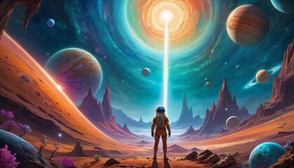 An astronaut stands on an alien planet, back to the viewer, gazing up at a spectacular beam of light piercing through a vibrant cosmos dotted with planets.. AI Generation