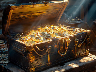 A treasure chest overflowing with gold jewelry, coins, and artifacts, unearthed and gleaming under a spotlight