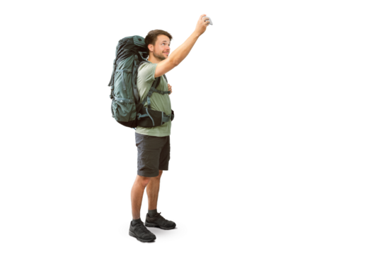 Traveler with a Large Backpack Taking a Selfie