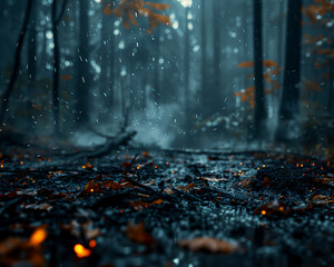 Acid rain falling on a decaying forest, the trees withered and leaves burned by the chemicalladen precipitation