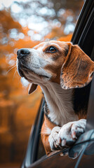 An adventurous beagle leaning out the car, sniffing the air, the passing trees creating a dynamic blur in the background