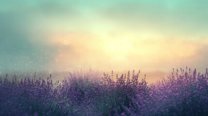 Twilight Lavender Fields, Purple Dream, Misty Nature Landscape