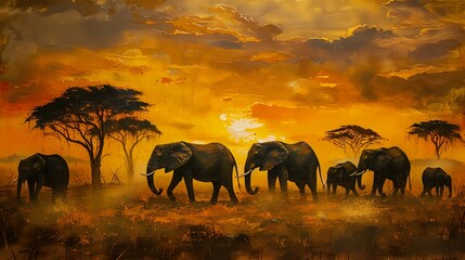 Fototapeta premium Dusty Twilight Encounter with African Elephants./n