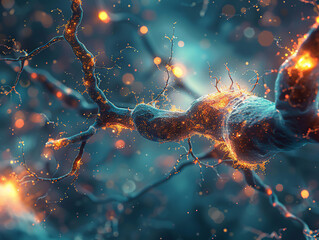 An artistic yet accurate portrayal of neurons firing in the brain, with synapses and neurotransmitters clearly visible - obrazy, fototapety, plakaty