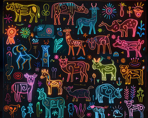An array of farm and wild animals, each outlined in a distinct, glowing neon color, on a dark urban canvas