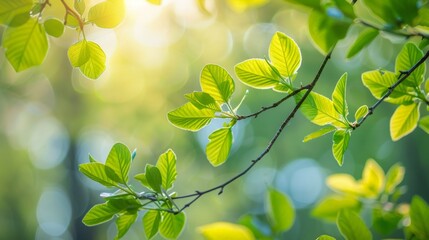 Fototapeta na wymiar Green leaves on branch in sunlight