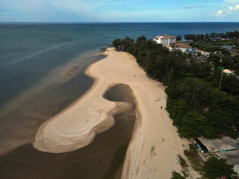 Drone shot of the horizon of Hat Samila Beach in Songkhla Province, Thailand