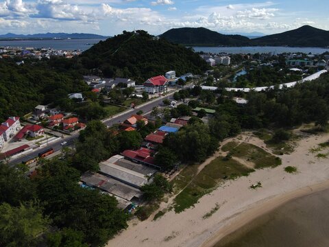 Drone shot of the horizon of Hat Samila Beach in Songkhla Province, Thailand