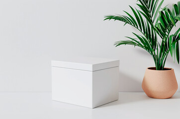 Mockup white box cube, potted palm tree