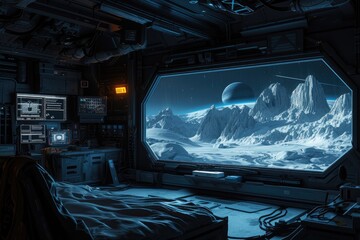 Naklejka premium Beyond Earth: Interior of a Remote Space Station