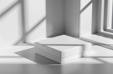 Mockup white box near the wall, window shadow, 3D box