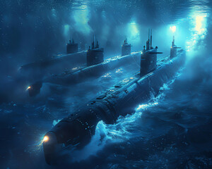 An underwater convoy of nuclear submarines navigating through the deep blue, lit by a faint sunbeam penetrating the depths - obrazy, fototapety, plakaty