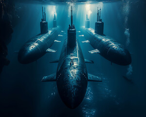 An underwater convoy of nuclear submarines navigating through the deep blue, lit by a faint sunbeam penetrating the depths