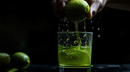 Fingers tightly gripping a juicy lime, with the vivid green juice flowing into a clear glass, contrasted against a black background