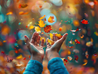 Hands reaching up to catch falling autumn leaves, with a blur of vibrant colors behind, capturing the essence of change