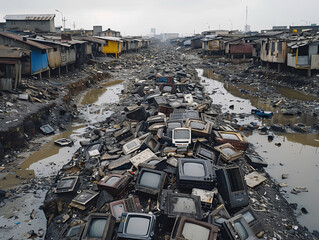 Ewaste dumping ground, with piles of discarded electronics leaking heavy metals into the ground, a toxic legacy for the environment