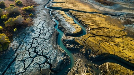 AI generated illustration of a river meandering across a barren landscape in a vast area