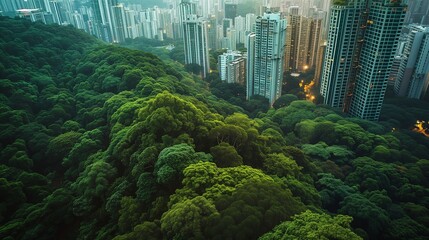 AI generated illustration of an aerial view of a lush forest with a cityscape in the background