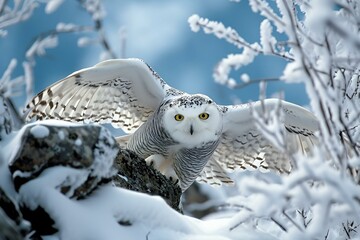 AI generated illustration of an owl taking flight from a snowy branch, its wings spread wide