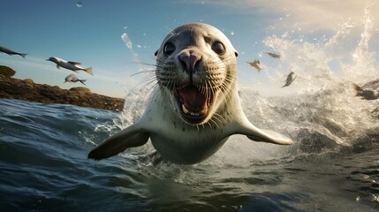 AI generated illustration of Aa seal with its mouth open while several birds soar overhead - obrazy, fototapety, plakaty