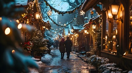 AI-generated illustration of a couple walking through a picturesque winter town at Christmas - obrazy, fototapety, plakaty