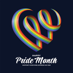 Happy pride month - Rainbow pride ribbon rolling to heart shape sign on dark blue background vector design