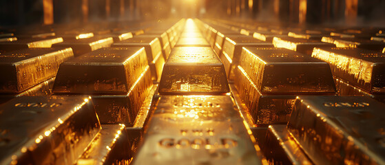 Stacks of gold bars in a secure vault, each bar reflecting the light with a deep, rich glow on a sleek surface