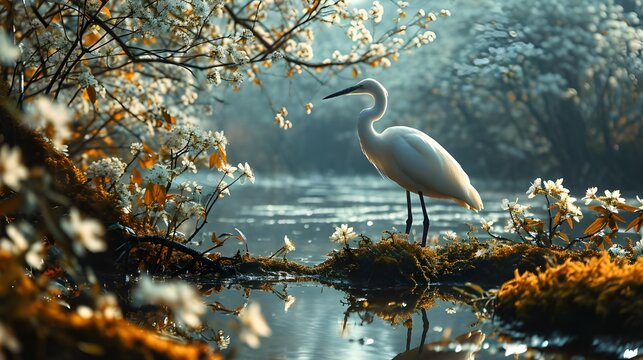 AI-generated illustration of a white heron in a tranquil river, surrounded by beautiful flowers