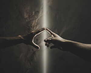 Two hands reaching towards each other in a dark void, with a single beam of light between them, illustrating hope in darkness