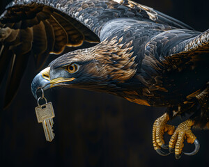 The talon of an eagle striking a key, captured in high detail, showcasing the power and precision against a dark backdrop