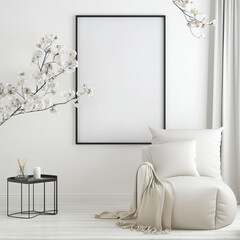 Large black frame with a blank white poster on a white wall near a chair
