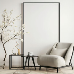Large black frame with a blank white poster on a white wall near a chair
