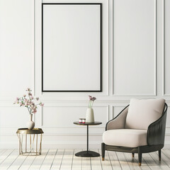 Large black frame with a blank white poster on a white wall near a chair
