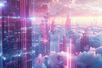 Obraz premium A metaverse city on clouds built on blockchain technology 