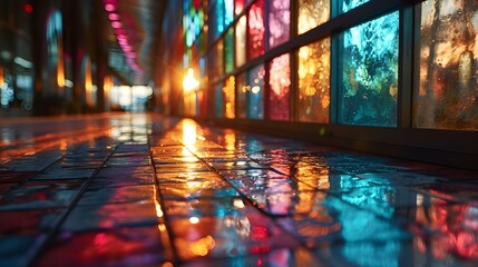 a vibrant nighttime scene of a street lined with brightly lit windows and glowing lights - obrazy, fototapety, plakaty