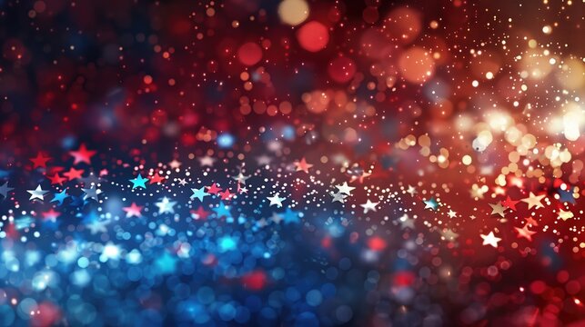 Shimmering glittering blue red and white stars lit by light festive patriotic background