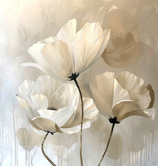 Abstract acrylic painting of flowers. Vintage illustration with white flowers on a light brown background.