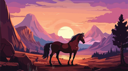 Horse with panorama of mountains. Valleycanyon. Eve - obrazy, fototapety, plakaty