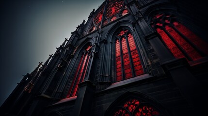 AI generated illustration of an old gothic building illuminated by red lights - obrazy, fototapety, plakaty