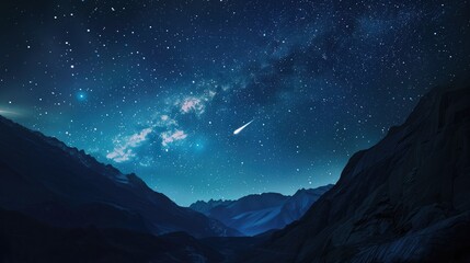 Asteroid or comet falling to Earth in beautiful starry night sky with Milky way over the mountains - obrazy, fototapety, plakaty