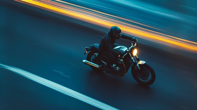 AI-generated illustration of a motorcyclist navigating his motorcycle along a dimly lit road