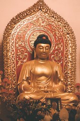 Obraz premium Closeup of a golden Buddha statue in a temple