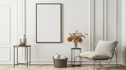Large black frame with a blank white poster on a white wall near a chair
 - Powered by Adobe