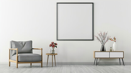 Large black frame with a blank white poster on a white wall near a chair
