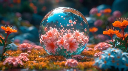Obraz na płótnie Canvas AI generated illustration of A stunning floral arrangement inside a crystal clear glass sphere
