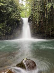 Vertical shot of a waterfall with silky water effect surrounded by vegetation