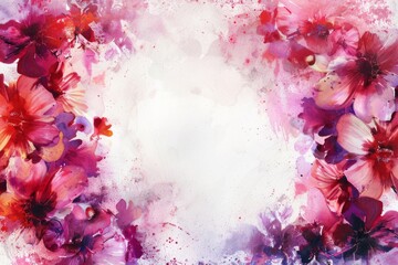 Watercolour illustration of a frame from abstract flowers with a white copy space on a center. AI generated