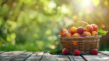 Wooden Basket of Peaches on Garden Table, Natural Beauty Background