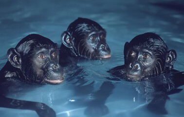 Three chimpanzees peering from water